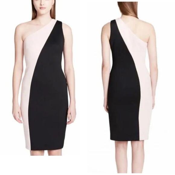 Calvin Klein | Black & Ivory Colorblock One Shoulder Scuba Cocktail Sheath Dress - Picture 6 of 6
